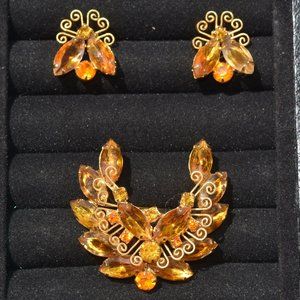 Vintage Amber Gold Rhinestone Brooch and Earring Set